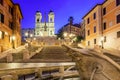 Spanish Steps, Piazza di Spagna, Fountain della Barcaccia and Trinita dei Monti church during morning sunrise in Rome, Italy Royalty Free Stock Photo