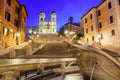 Spanish Steps, Piazza di Spagna, Fountain della Barcaccia and Trinita dei Monti church during morning sunrise in Rome, Italy Royalty Free Stock Photo