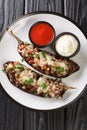 Spanish Stuffed Eggplant Recipe Berenjenas Rellenas close-up in a plate. Vertical top view