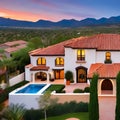 A Spanish-style home with a red tile roof, a courtyard, and a wrought iron gate1, Generative AI Royalty Free Stock Photo