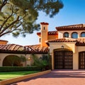 A Spanish-style home with a red tile roof, a courtyard, and a wrought iron gate2, Generative AI Royalty Free Stock Photo