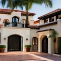 A Spanish-style home with a red tile roof, a courtyard, and a wrought iron gate4, Generative AI Royalty Free Stock Photo