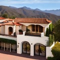 A Spanish-style home with a red tile roof, a courtyard, and a wrought iron gate3, Generative AI Royalty Free Stock Photo