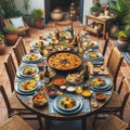 Spanish Style Outdoor Dining: Paella and Authentic Dishes on Wooden Table Royalty Free Stock Photo