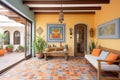 spanish style patio with terracotta floor and wall hangings Royalty Free Stock Photo