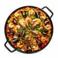 Spanish-style seafood paella, with a colorful mix of shrimp, mussels, squid, and fish, cooked with saffron-infused rice