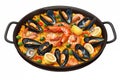 Spanish-style seafood paella, with a colorful mix of shrimp, mussels, squid, and fish, cooked with saffron-infused rice