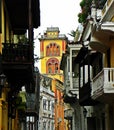 A Spanish-style street with a view of the San Agustin Monastery, the historic city of Cartagena, Colombia