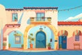 spanish style stucco homes archway detail at dusk, magazine style illustration