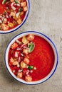 Spanish summer cold soup gazpacho with vegetables on concrete background Royalty Free Stock Photo