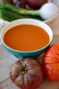 Spanish summer vegetables cold gazpacho blended soup made from tomatoes, cucumbers, onion, raw healthy vegan food Royalty Free Stock Photo