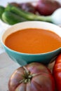 Spanish summer vegetables cold gazpacho blended soup made from tomatoes, cucumbers, onion, raw healthy vegan food Royalty Free Stock Photo