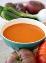 Spanish summer vegetables cold gazpacho blended soup made from tomatoes, cucumbers, onion, raw healthy vegan food Royalty Free Stock Photo