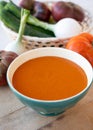 Spanish summer vegetables cold gazpacho blended soup made from tomatoes, cucumbers, onion, raw healthy vegan food Royalty Free Stock Photo