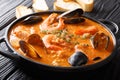 Spanish Suquet de Peix sea soup with potatoes, shrimps, mussels, Royalty Free Stock Photo