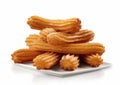 Spanish sweet pastry churros in plate on white background.Macro.AI Generative