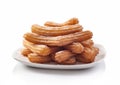 Spanish sweet pastry churros in plate on white background.Macro.AI Generative