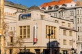 Spanish Synagogue in Moorish Revival Style, museum and concert hall in Jewish quarter, Metal Statue of Franz Kafka, snow in sunny