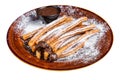 Spanish tapas churros with sugar and chocolate sauce. High quality Isolate, white background. Royalty Free Stock Photo