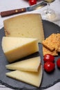 Spanish tapas, manchego cheese made, green olives served with glasses of dry fino sherry wine Royalty Free Stock Photo