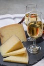 Spanish tapas, manchego cheese made, green olives served with glasses of dry fino sherry wine Royalty Free Stock Photo