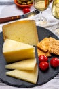 Spanish tapas, manchego cheese made, green olives served with glasses of dry fino sherry wine Royalty Free Stock Photo