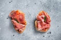 Spanish Tapas with tomatoes and cured Slices of jamon iberico ham, fresh toasts. Gray background. Top view