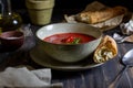 Spanish tomato soup gazpacho on a wooden background. Dark food photography Royalty Free Stock Photo