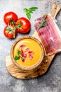 Spanish tomato soup Salmorejo served in olive wooden bowl with ham jamon serrano on stone background. Top view Royalty Free Stock Photo