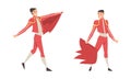 Spanish toreadors set. Bullfighter character in red costume cartoon vector illustration