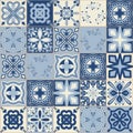 Spanish traditional blue ceramic symmetrical pattern square tiles for kitchen and bathroom decoration Royalty Free Stock Photo