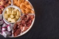 Spanish traditional tapas: jamon, cheese and other beer snacks