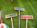 Spanish vegetable garden homemade signs with recycled wood and canes