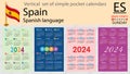 Spanish vertical set of pocket calendar for 2024. Week starts Sunday