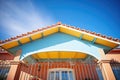 spanish villa with wrought iron roof cresting and blue sky background