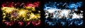 Spanish vs Honduras, Honduran New Year celebration sparkling fireworks flags concept background. Combination of two abstract