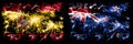 Spanish vs New Zealand, New Zealander New Year celebration sparkling fireworks flags concept background. Combination of two
