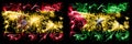 Spanish vs Sao Tome and Principe New Year celebration sparkling fireworks flags concept background. Combination of two abstract