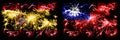 Spanish vs Taiwan, Taiwanese New Year celebration sparkling fireworks flags concept background. Combination of two abstract states