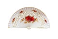 Spanish white open hand fan, decorated with floral motifs, isolated on white background Royalty Free Stock Photo