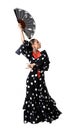 Spanish woman dancing Sevillanas wearing fan and typical folk black with white dots dress Royalty Free Stock Photo