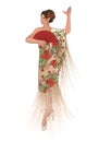 Spanish woman dressed in fringed shawl, wearing fan and flower in her hair, dancing flamenco