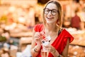 Spanish woman eating jamon at the market Royalty Free Stock Photo