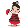 Spanish Woman flamenco dancer. Kawaii cute face with pink cheeks and big eyes. Gipsy girl, red black white dress, polka dot fabric