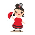 Spanish Woman flamenco dancer. Kawaii cute face with pink cheeks and big eyes. Gipsy girl, red black white dress, polka dot fabric Royalty Free Stock Photo