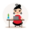 Spanish Woman flamenco dancer. Kawaii cute face with pink cheeks. Gipsy girl, red black dress, home office, online training