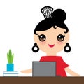 Spanish Woman flamenco dancer. Kawaii cute face with pink cheeks. Gipsy girl, red black dress, home office, online training