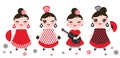 Spanish Woman flamenco dancer. Kawaii cute face with pink cheeks and winking eyes. Gipsy girl, red black white dress, polka dot fa