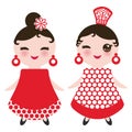 Spanish Woman flamenco dancer. Kawaii cute face with pink cheeks and winking eyes. Gipsy girl, red black white dress, polka dot fa