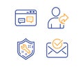 Spanner, Browser window and Refer friend icons set. Approved mail sign. Repair service, Website chat, Share. Vector